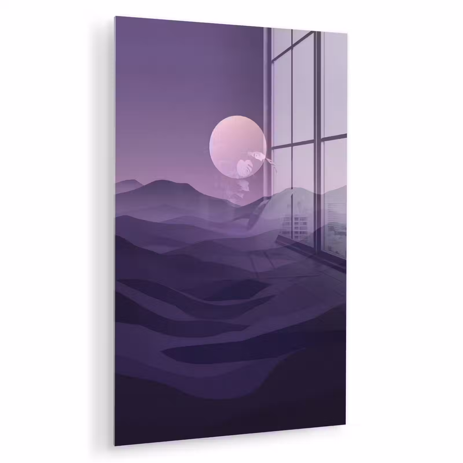 Glas schilderij - Heuvels - Paars - Mist - Zon — 1