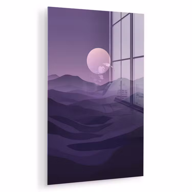 Glas schilderij - Heuvels - Paars - Mist - Zon — 1