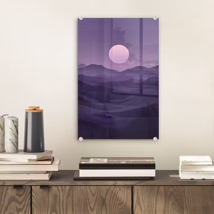 Glas schilderij - Heuvels - Paars - Mist - Zon — 2