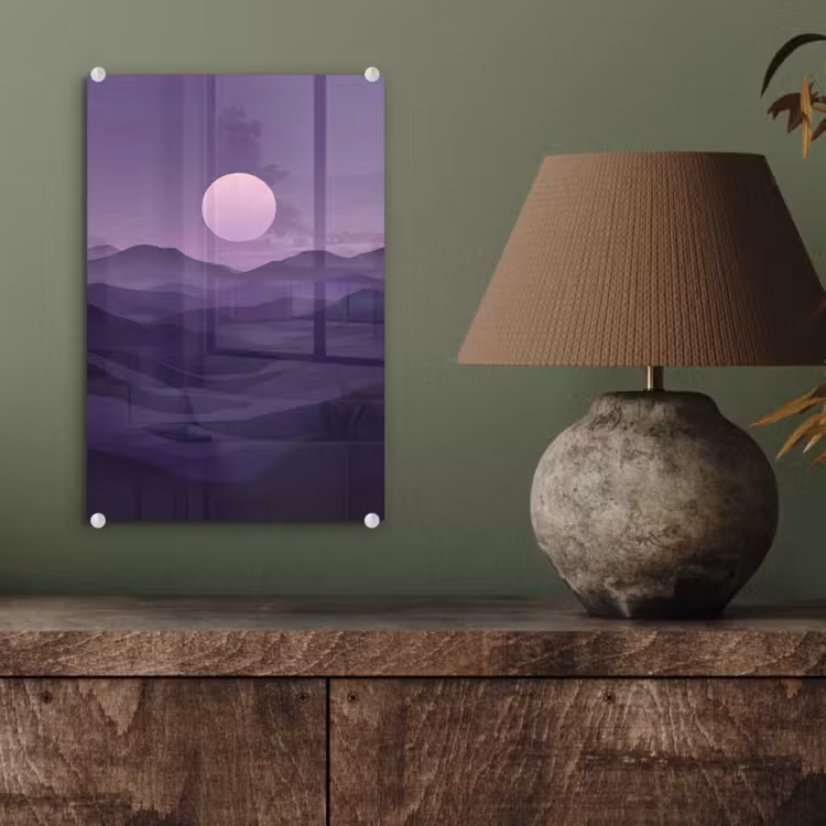 Glas schilderij - Heuvels - Paars - Mist - Zon — 4