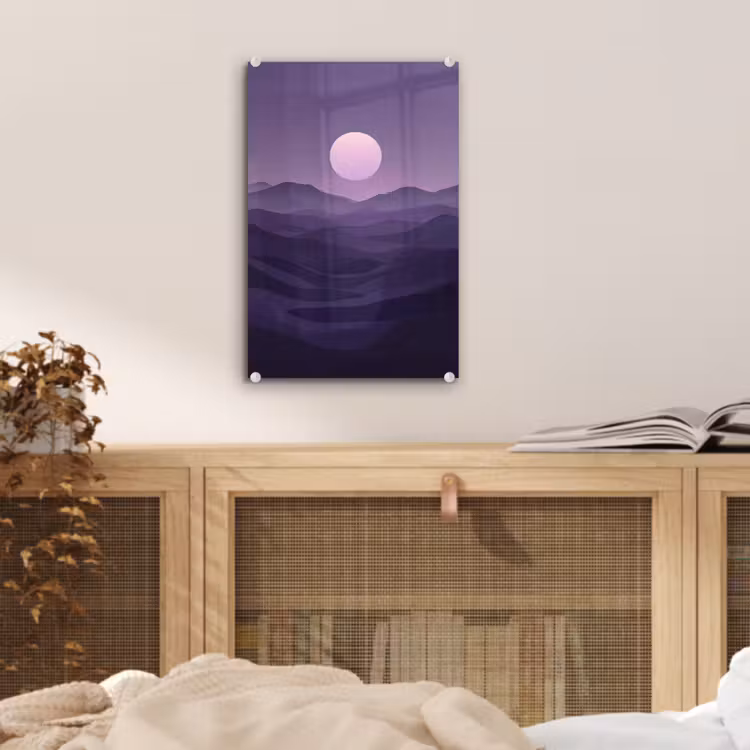Glas schilderij - Heuvels - Paars - Mist - Zon — 5