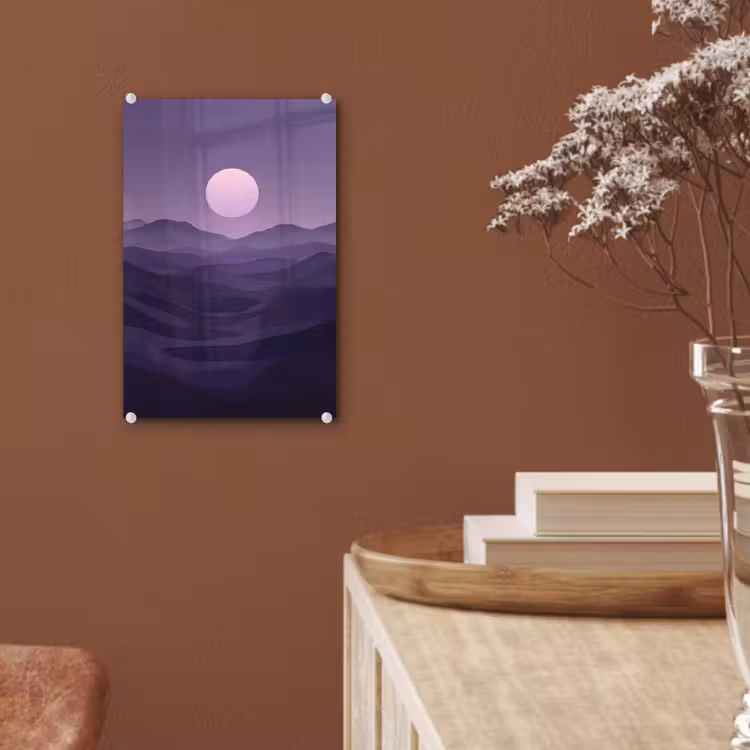 Glas schilderij - Heuvels - Paars - Mist - Zon — 6