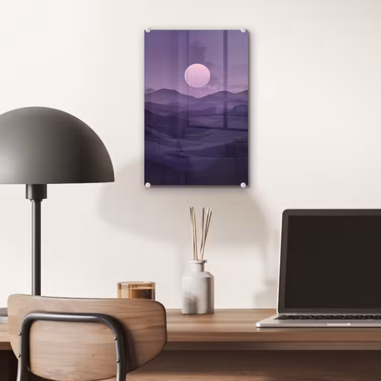 Glas schilderij - Heuvels - Paars - Mist - Zon — 7