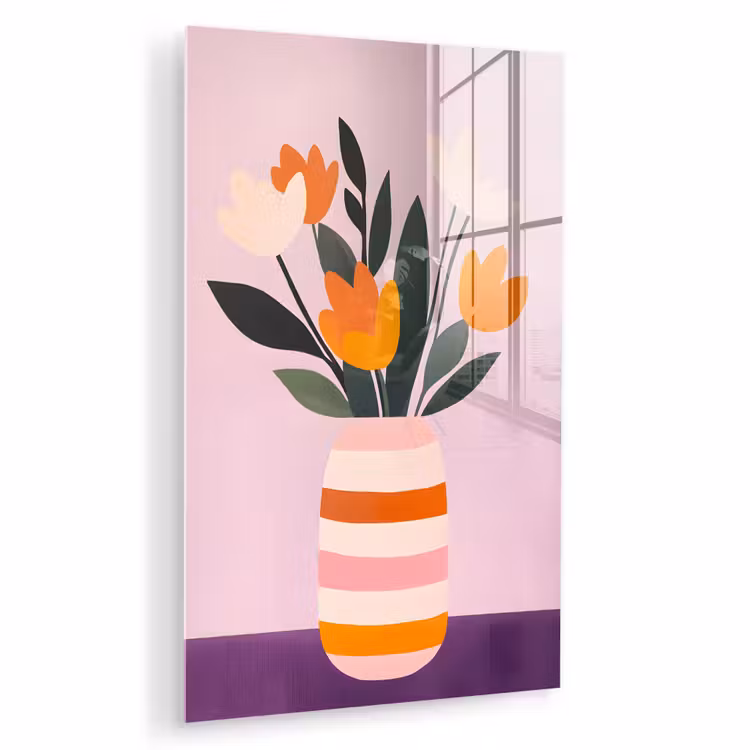 Glas schilderij - Tulpen - Vaas - Strepen - Paars — 1