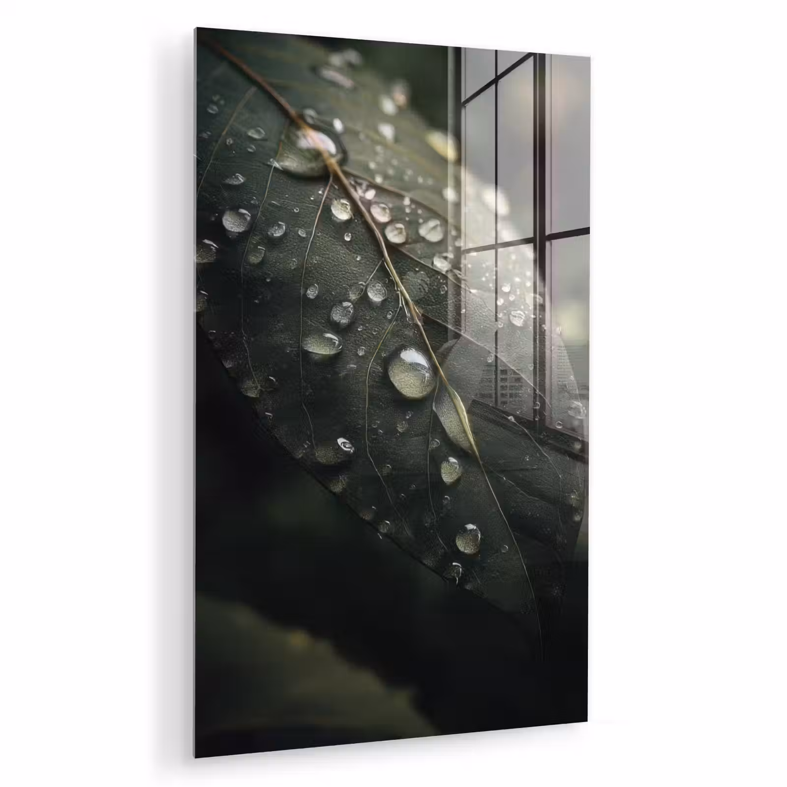 Glas schilderij - Blad - Groen - Nerven - Regendruppels — 1