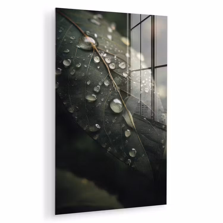 Glas schilderij - Blad - Groen - Nerven - Regendruppels — 1