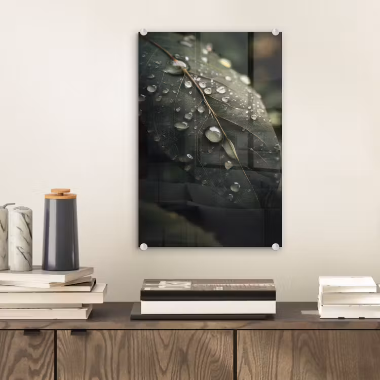Glas schilderij - Blad - Groen - Nerven - Regendruppels — 2