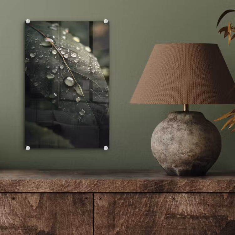 Glas schilderij - Blad - Groen - Nerven - Regendruppels — 4