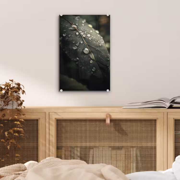 Glas schilderij - Blad - Groen - Nerven - Regendruppels — 5