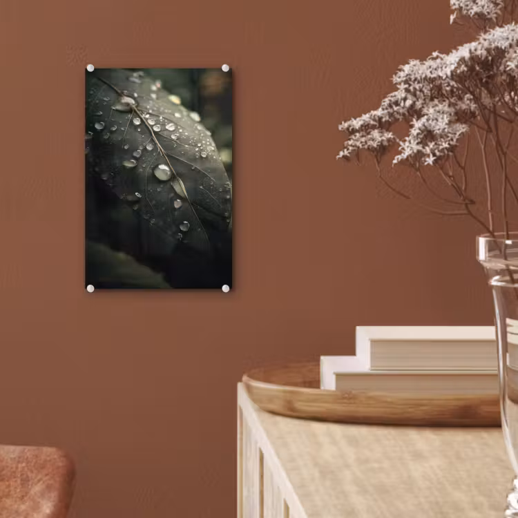 Glas schilderij - Blad - Groen - Nerven - Regendruppels — 6