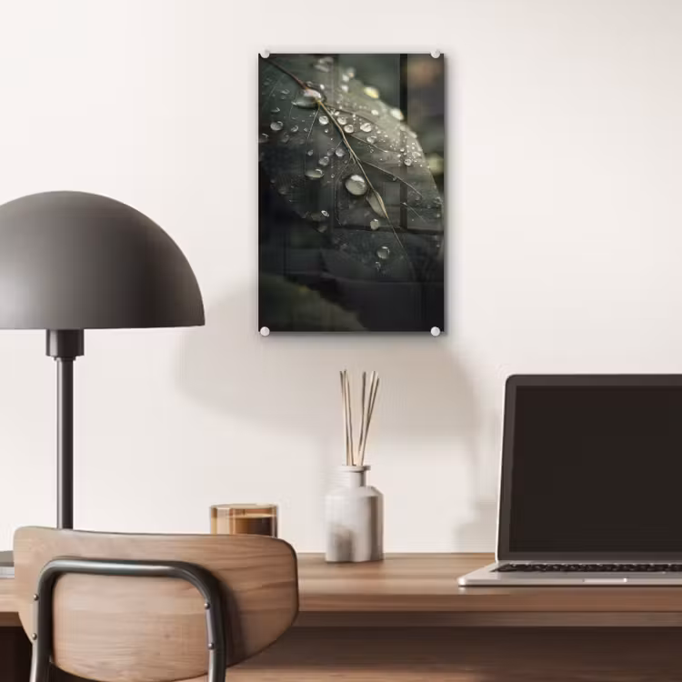 Glas schilderij - Blad - Groen - Nerven - Regendruppels — 7