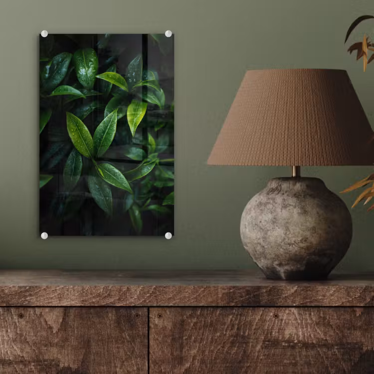 Glas schilderij - Bladeren - Regendruppels - Licht - Groen — 4