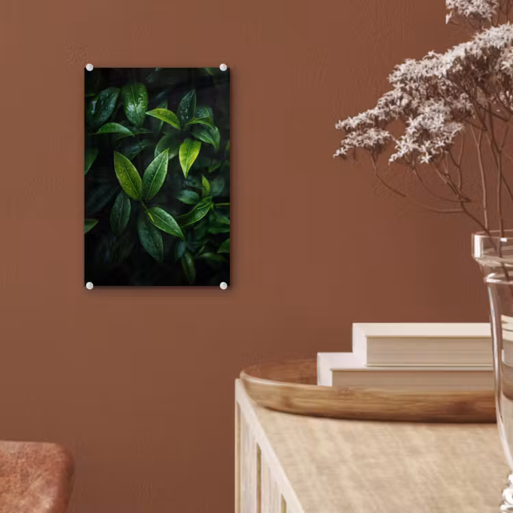 Glas schilderij - Bladeren - Regendruppels - Licht - Groen — 6