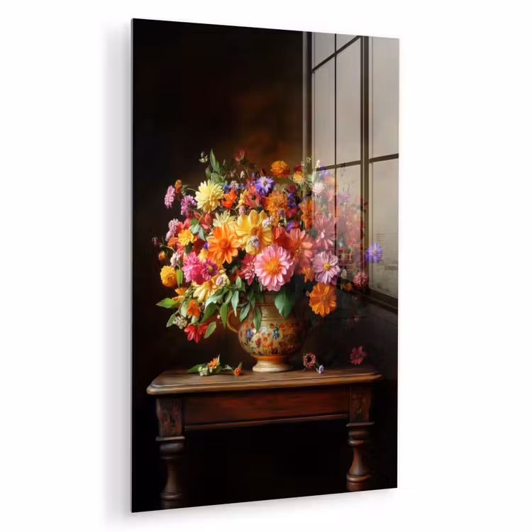 Glas schilderij - Kleuren - Boeket - Vaas - Hout — 1
