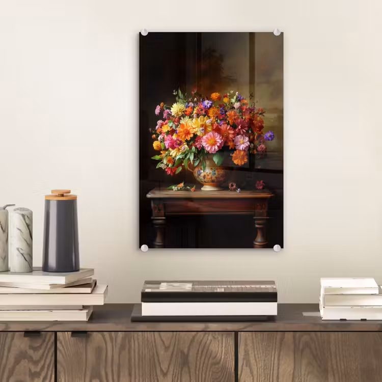 Glas schilderij - Kleuren - Boeket - Vaas - Hout — 2