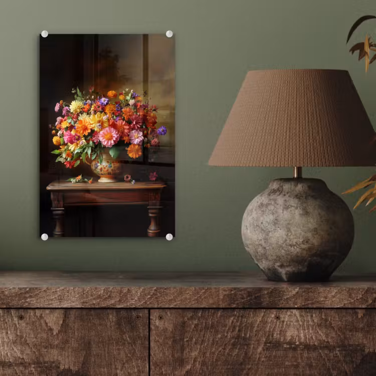 Glas schilderij - Kleuren - Boeket - Vaas - Hout — 4