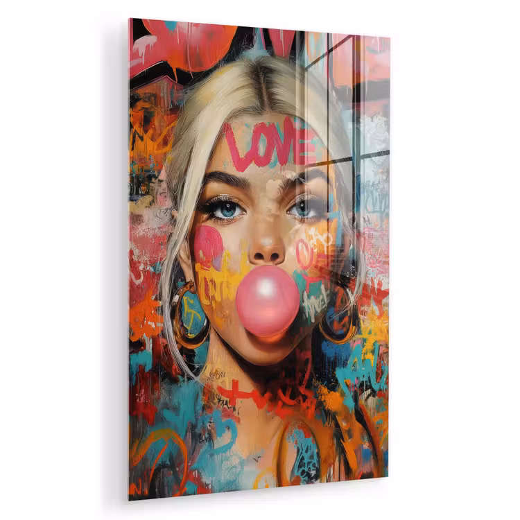 Glas schilderij - Vrouw - Kauwgom - Graffiti - Love — 1