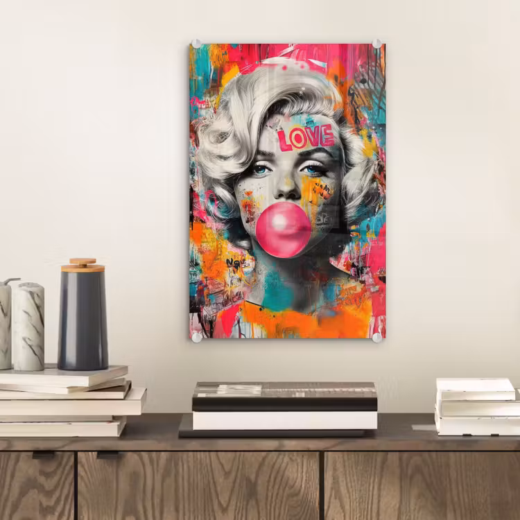 Glas schilderij - Vrouw - Kauwgom - Graffiti - Neonkleuren — 2