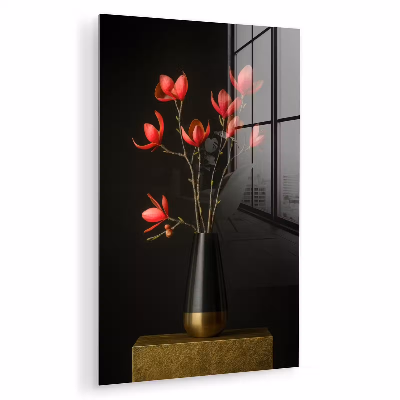 Glas schilderij - Rode - Bloemen - Vaas — 1