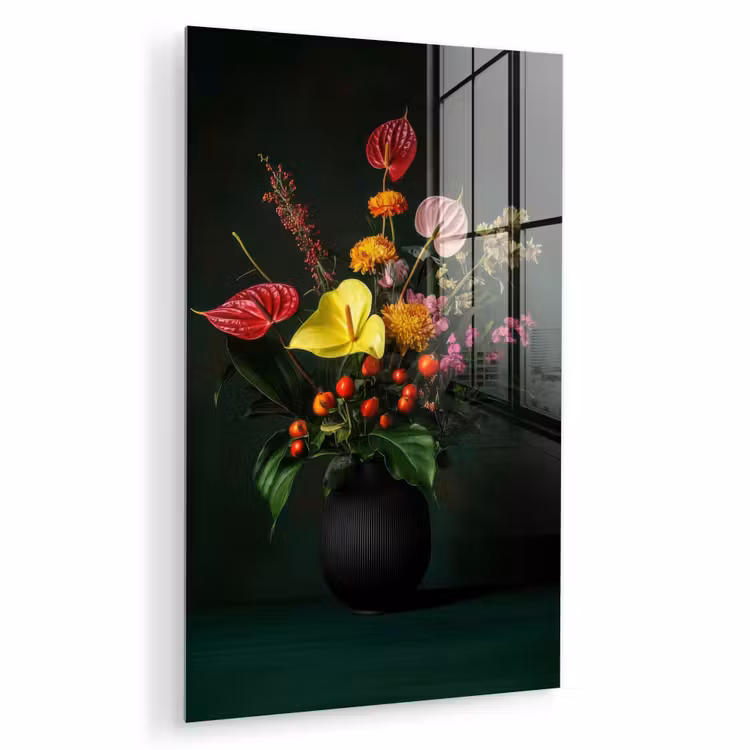 Glas schilderij - Bloemen - Vaas - Zwart — 1