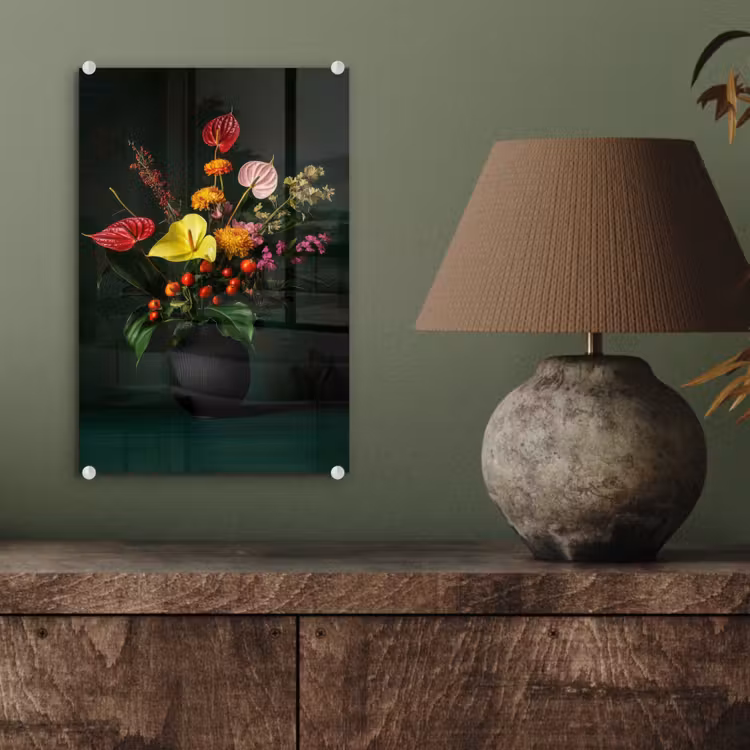 Glas schilderij - Bloemen - Vaas - Zwart — 4