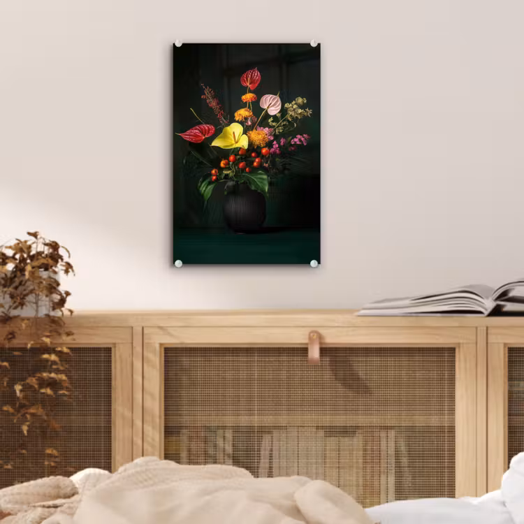Glas schilderij - Bloemen - Vaas - Zwart — 5