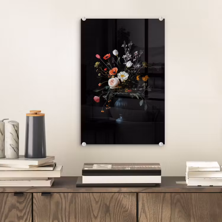 Glas schilderij - Bloemstuk - Vaas - Zwart — 2