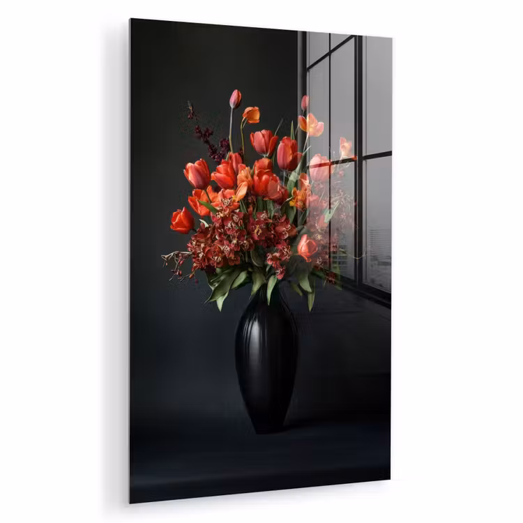 Glas schilderij - Boeket - Tulpen - Vaas - Rood — 1