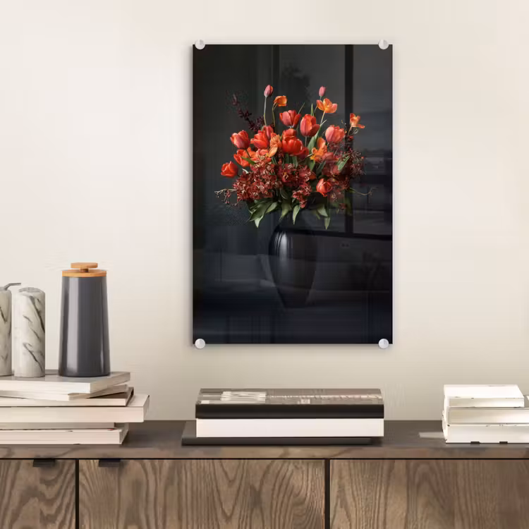 Glas schilderij - Boeket - Tulpen - Vaas - Rood — 2