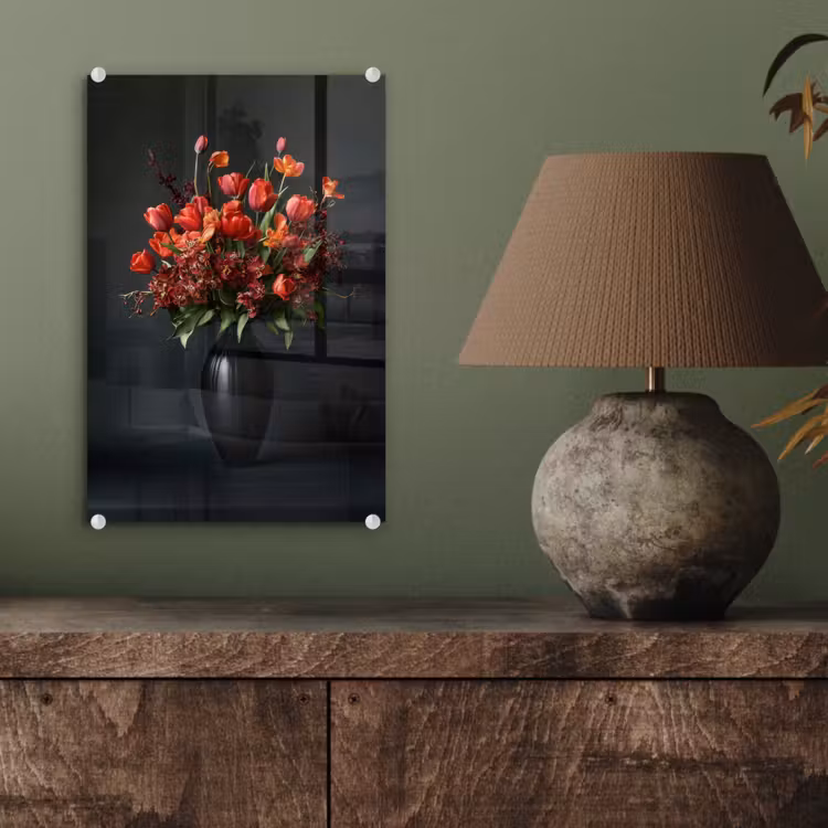 Glas schilderij - Boeket - Tulpen - Vaas - Rood — 4