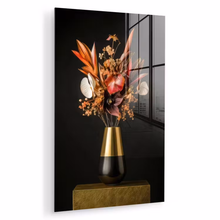 Glas schilderij - Exotisch - Boeket - Vaas - Goud — 1