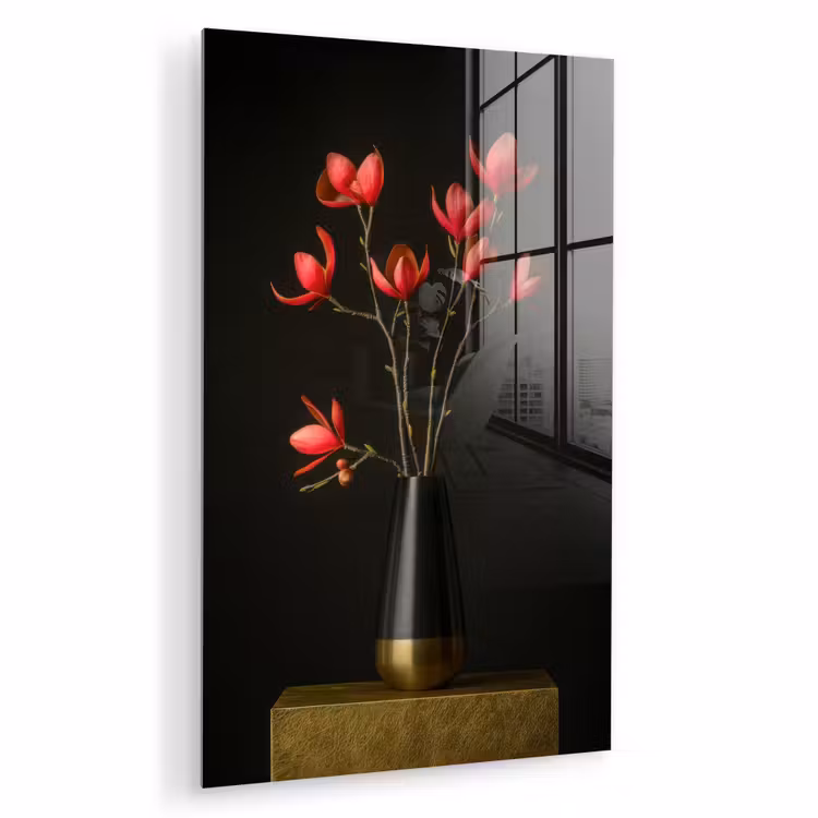 Glas schilderij - Rode - Bloemen - Vaas — 1
