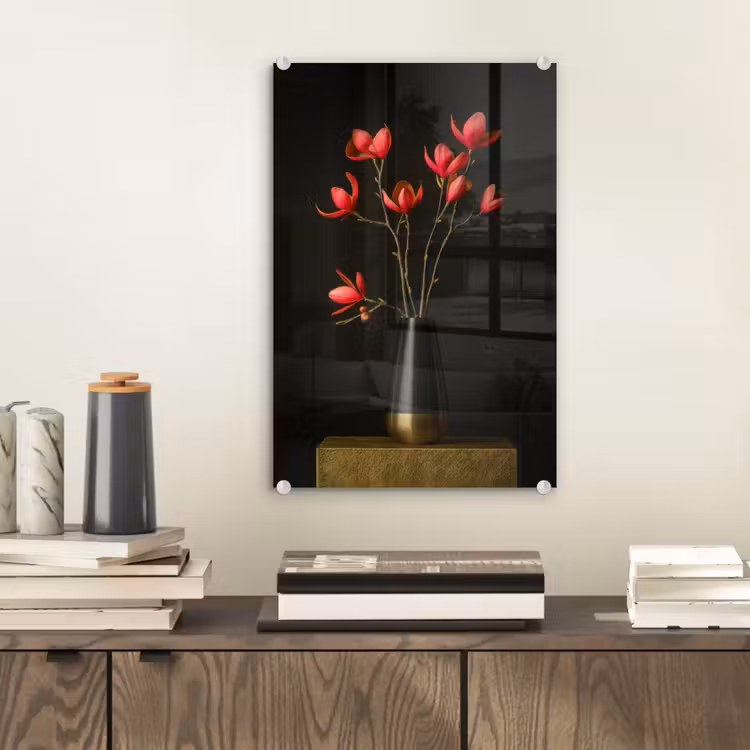 Glas schilderij - Rode - Bloemen - Vaas — 2