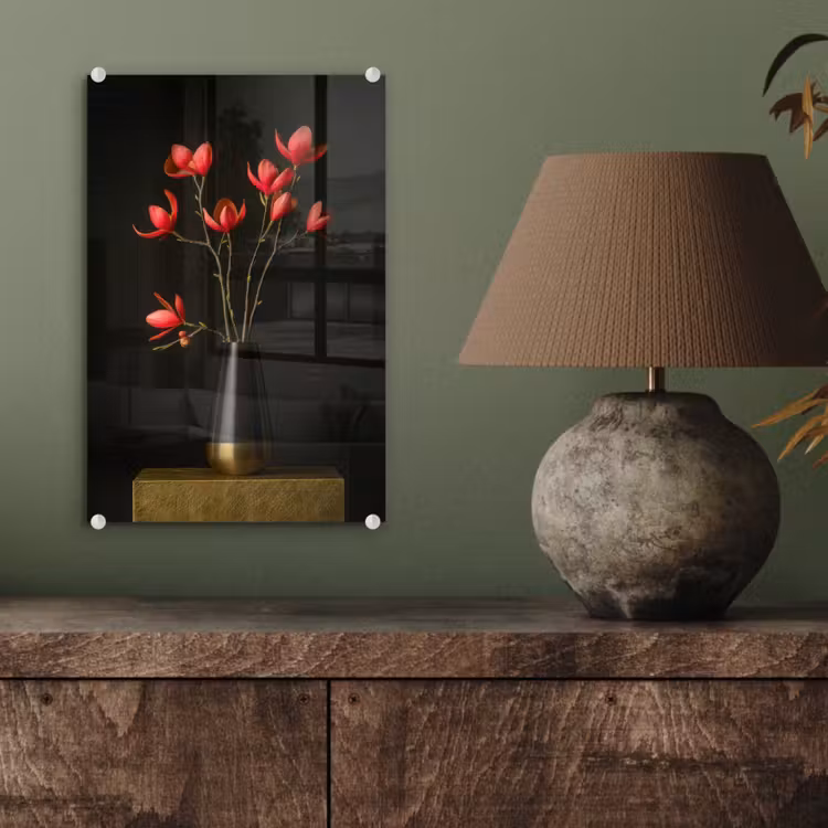 Glas schilderij - Rode - Bloemen - Vaas — 4
