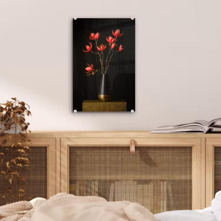 Glas schilderij - Rode - Bloemen - Vaas — 5