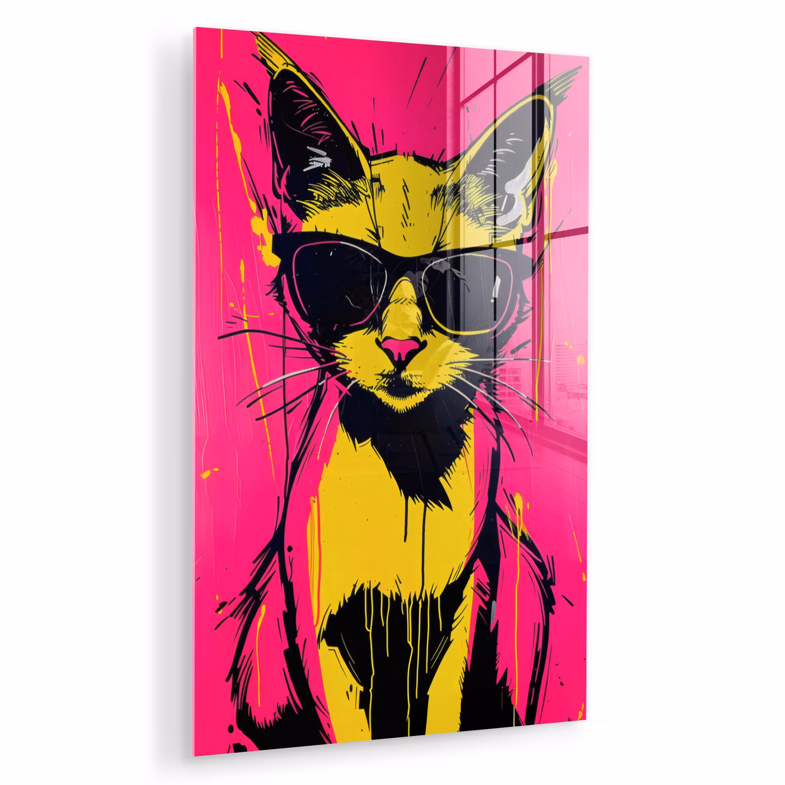 Glas schilderij - Kat - Art - Zonnebril - Roze — 1