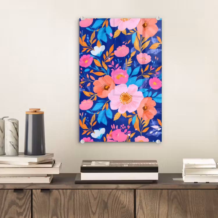 Glas schilderij - Bloemen - Blauw - Roze — 2
