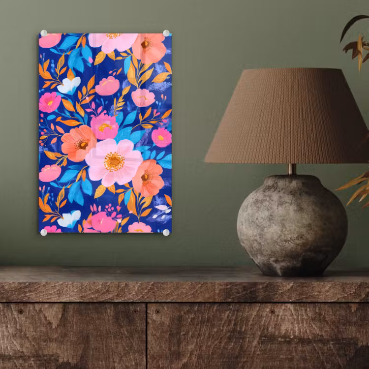 Glas schilderij - Bloemen - Blauw - Roze — 4