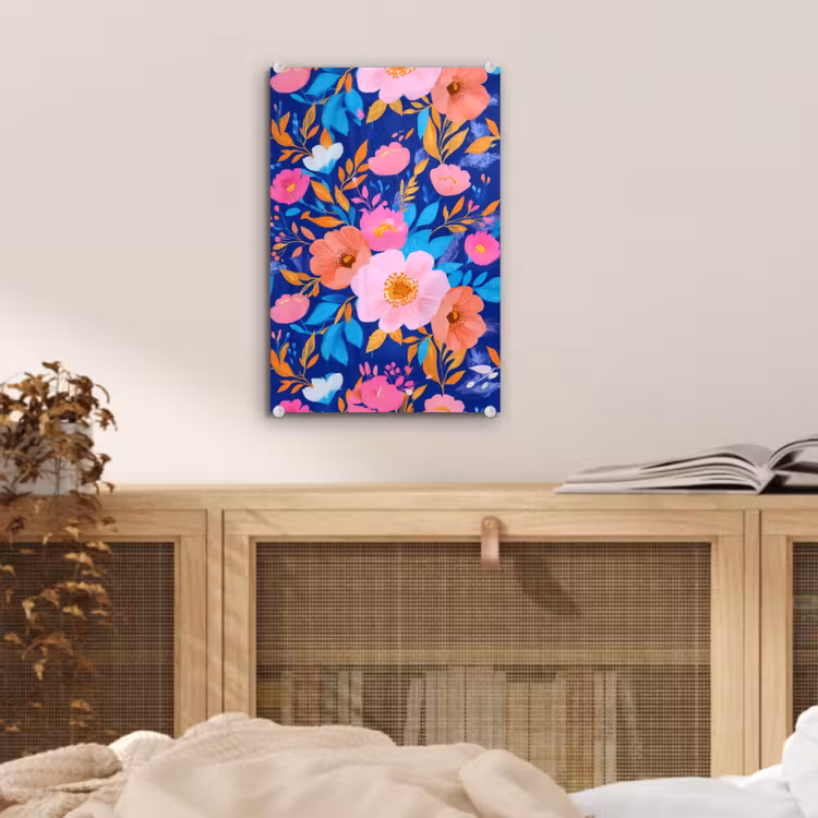 Glas schilderij - Bloemen - Blauw - Roze — 5