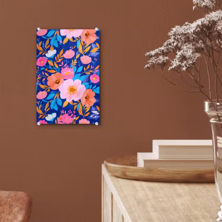 Glas schilderij - Bloemen - Blauw - Roze — 6