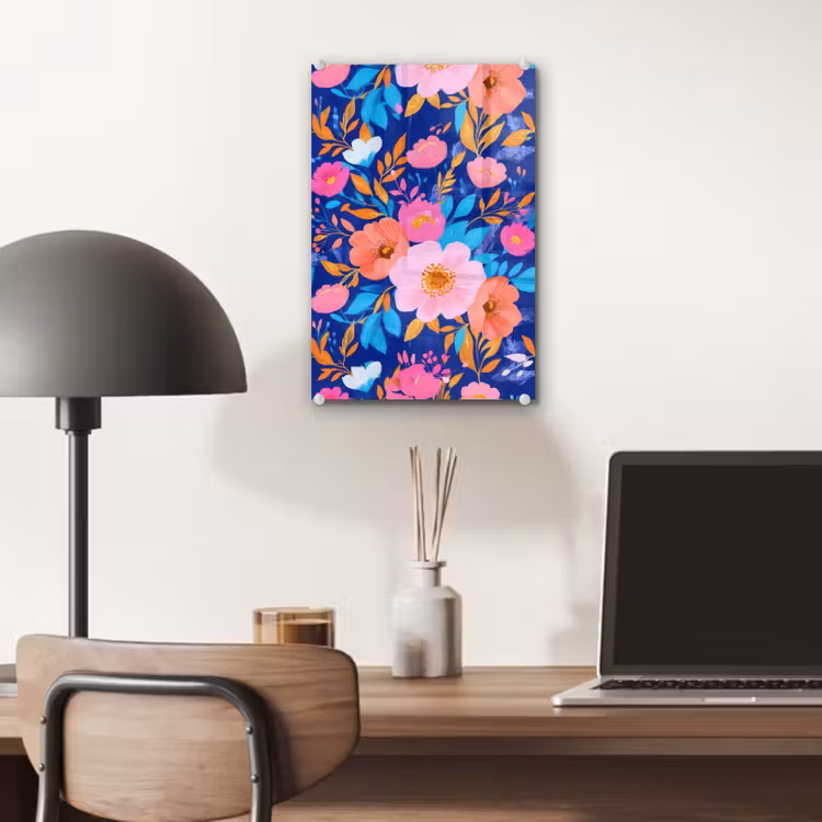 Glas schilderij - Bloemen - Blauw - Roze — 7