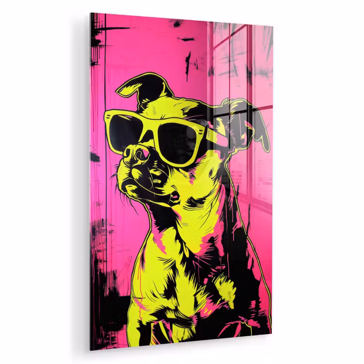 Glas schilderij - Hond - Zonnebril - Roze - Art — 1