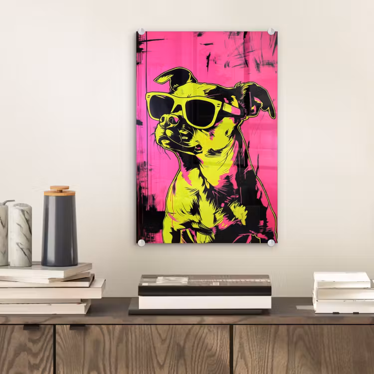 Glas schilderij - Hond - Zonnebril - Roze - Art — 2