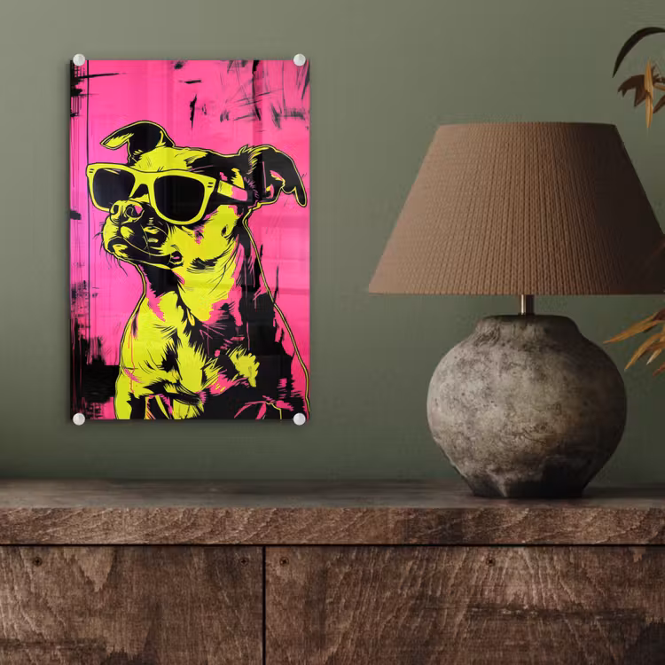 Glas schilderij - Hond - Zonnebril - Roze - Art — 4
