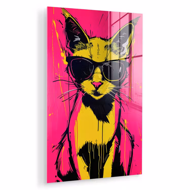 Glas schilderij - Kat - Art - Zonnebril - Roze — 1