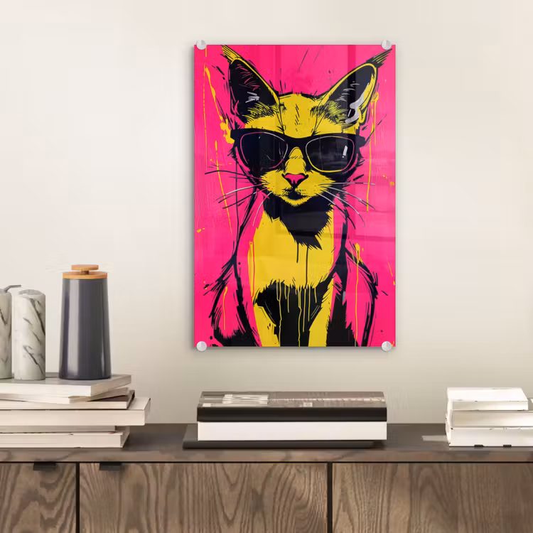 Glas schilderij - Kat - Art - Zonnebril - Roze — 2