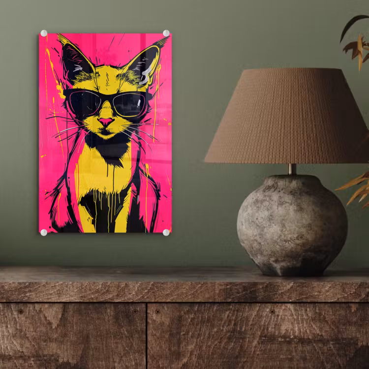Glas schilderij - Kat - Art - Zonnebril - Roze — 4