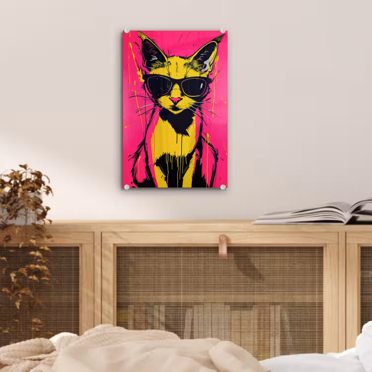 Glas schilderij - Kat - Art - Zonnebril - Roze — 5