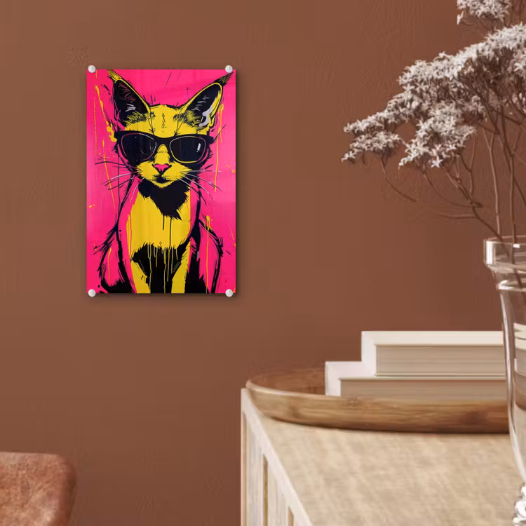 Glas schilderij - Kat - Art - Zonnebril - Roze — 6