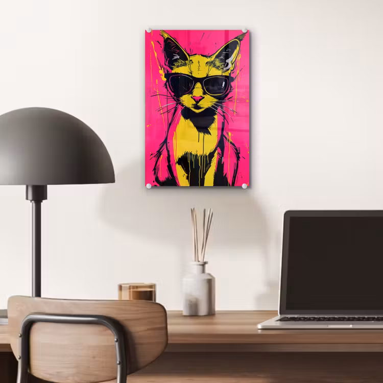Glas schilderij - Kat - Art - Zonnebril - Roze — 7
